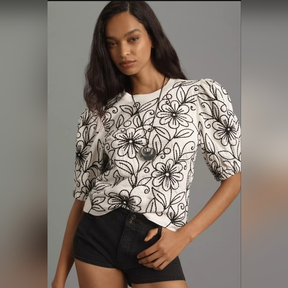 Anthropologie Maeve Puff Sleeve Floral Embroidered Pullover Crewneck Top 1x NWOT